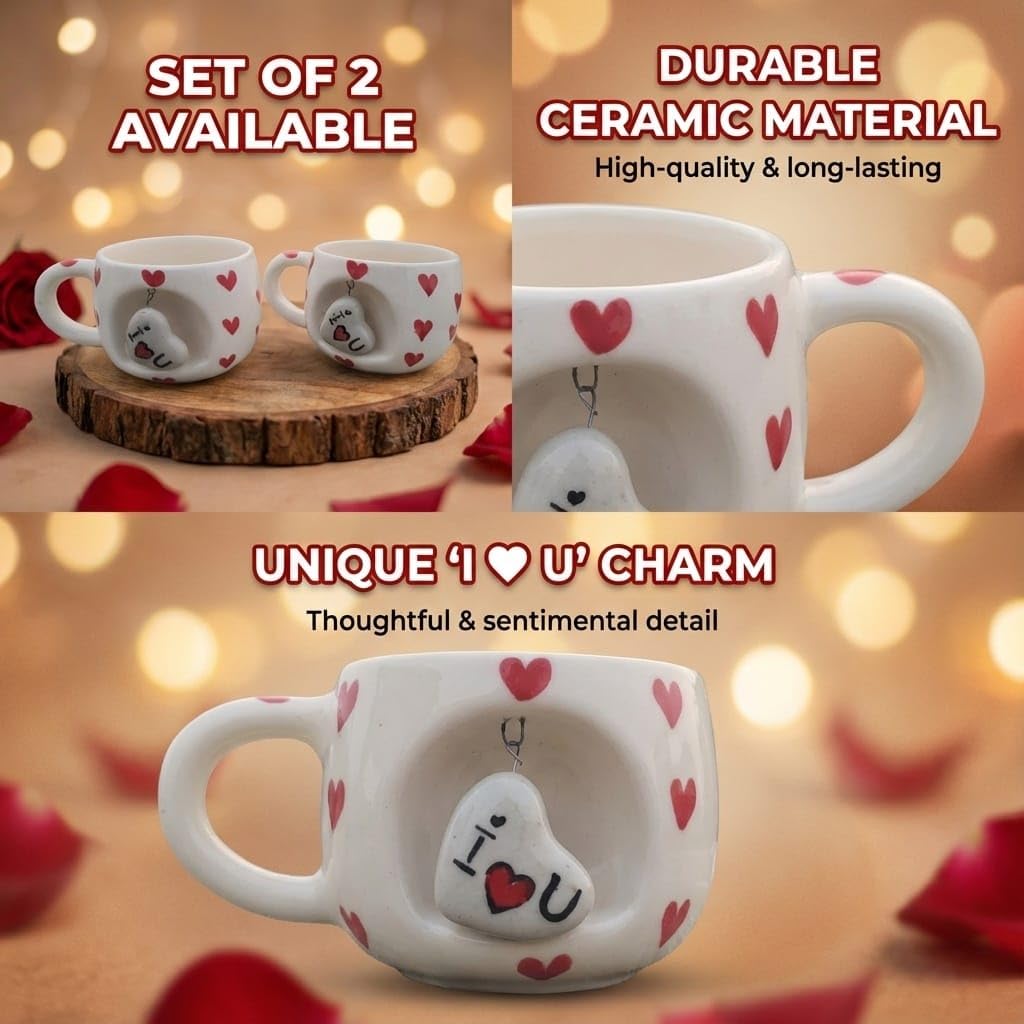 OCEAN STORE Ceramic Coffee Mug 350ml with 3D Hanging Heart Pendant, Hand-Painted Heart Patterns, Speckled Finish, Dangling Charm (1, White & Red)