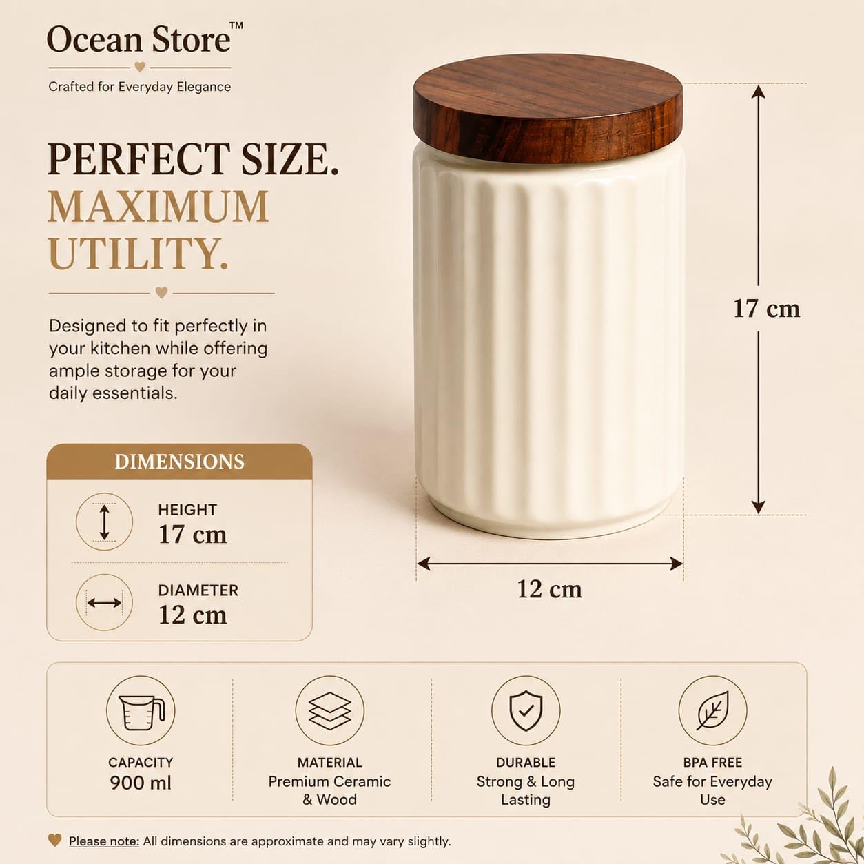 OCEAN STORE Airtight Ceramic Jar with Wooden Lid, 900ml, Cream, Square, Kitchen Container for Sugar, Tea, Salt, Pickles (White)