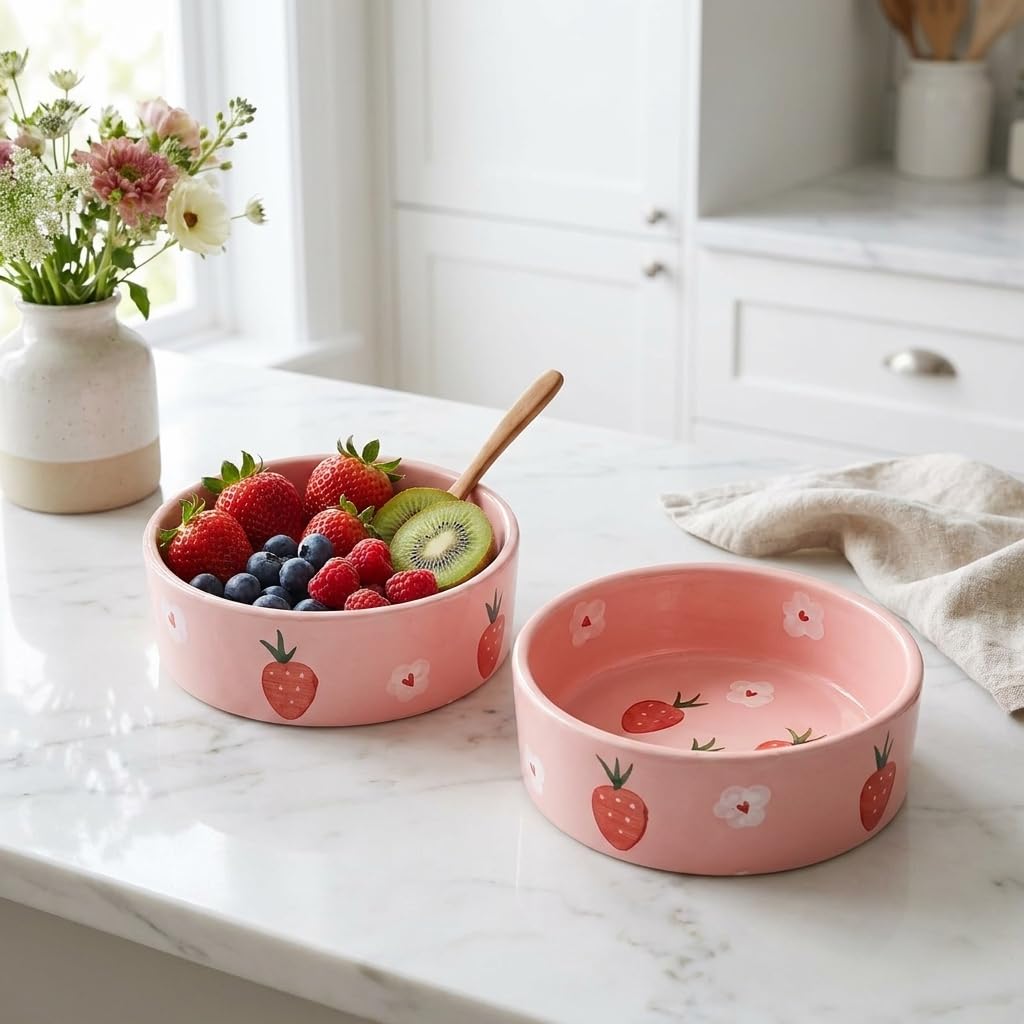 Ocean Store Pink Strawberry Ceramic Bowl, 250ml | Hand-Painted
