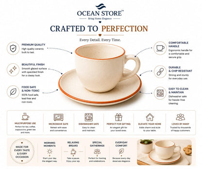 OCEAN STORE Ceramic Natural White Dotted Tea Cup and Saucer | 75 ML Capacity | Durable Stoneware for Espresso, Tea, and Herbal Infusions | Microwave & Dishwasher Safe, Antique Style (2)