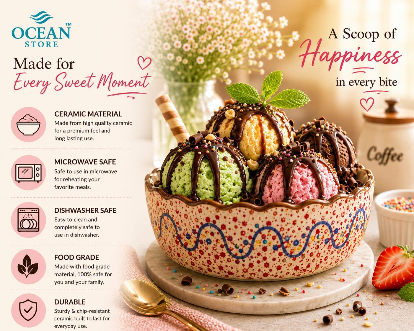 OCEAN STORE Ceramic Multipurpose Bowl 250ml - Hand-Painted Wavy Rim Serving Bowl for Ice Cream, Soup, Snacks, Fruits, Noodles - Microwave & Dishwasher Safe, Food Grade, Chip-Resistant (Single Piece)