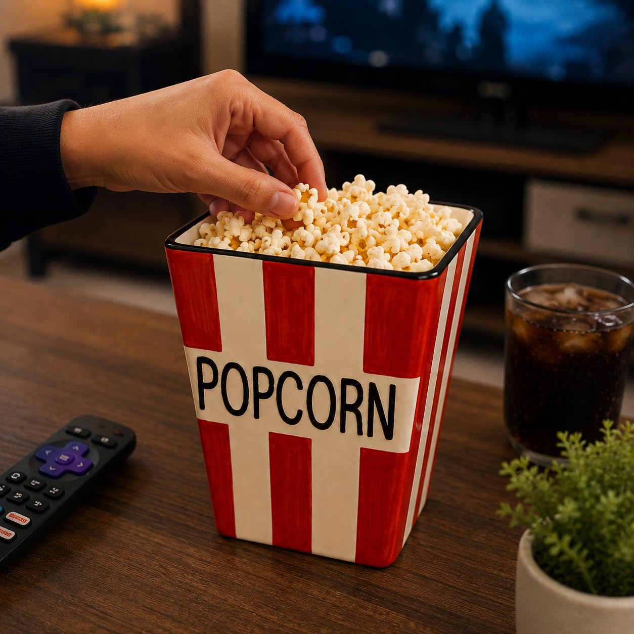 Ocean Store Classic Cinema Popcorn Bucket, Hand-Painted Ceramic Snack Bowl, Red & White Striped Movie Night Serving Basket, 5.5 x 7 Inch