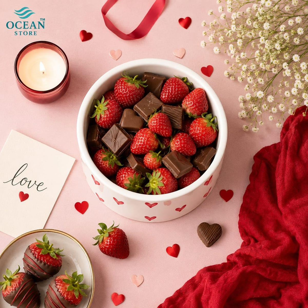 OCEAN STORE Ceramic Bowl with Hand-Painted Red Hearts, 250ml, Microwave & Dishwasher Safe, for Snacks, Fruits, Desserts (Set of 1)
