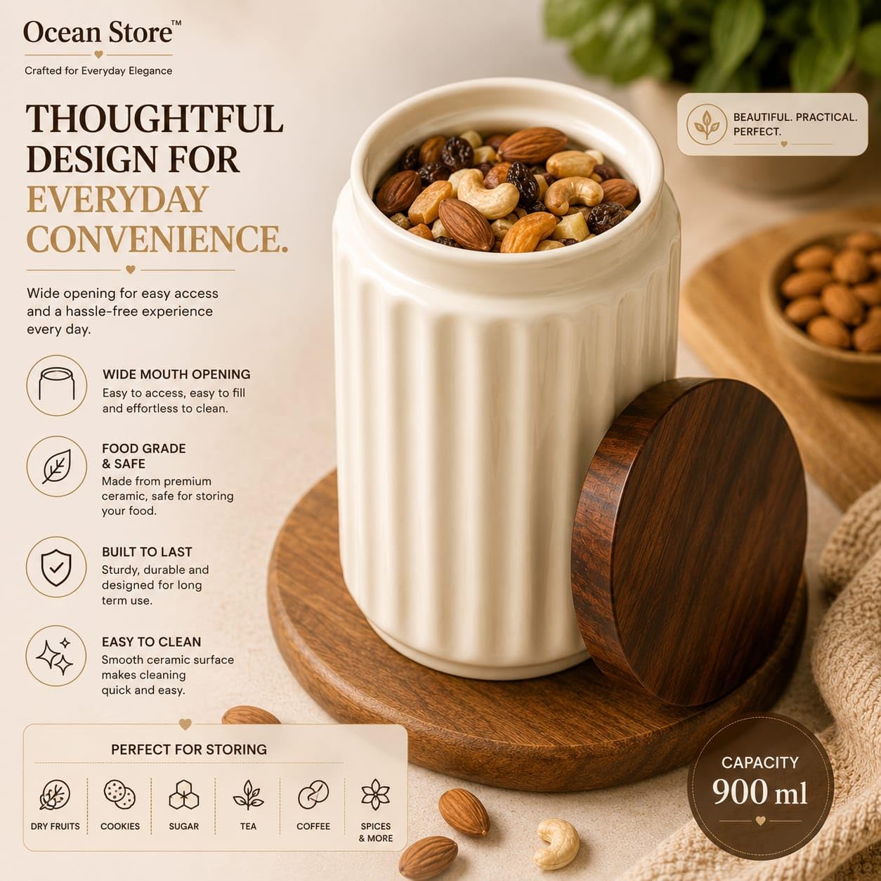 OCEAN STORE Airtight Ceramic Jar with Wooden Lid, 900ml, Cream, Square, Kitchen Container for Sugar, Tea, Salt, Pickles (White)