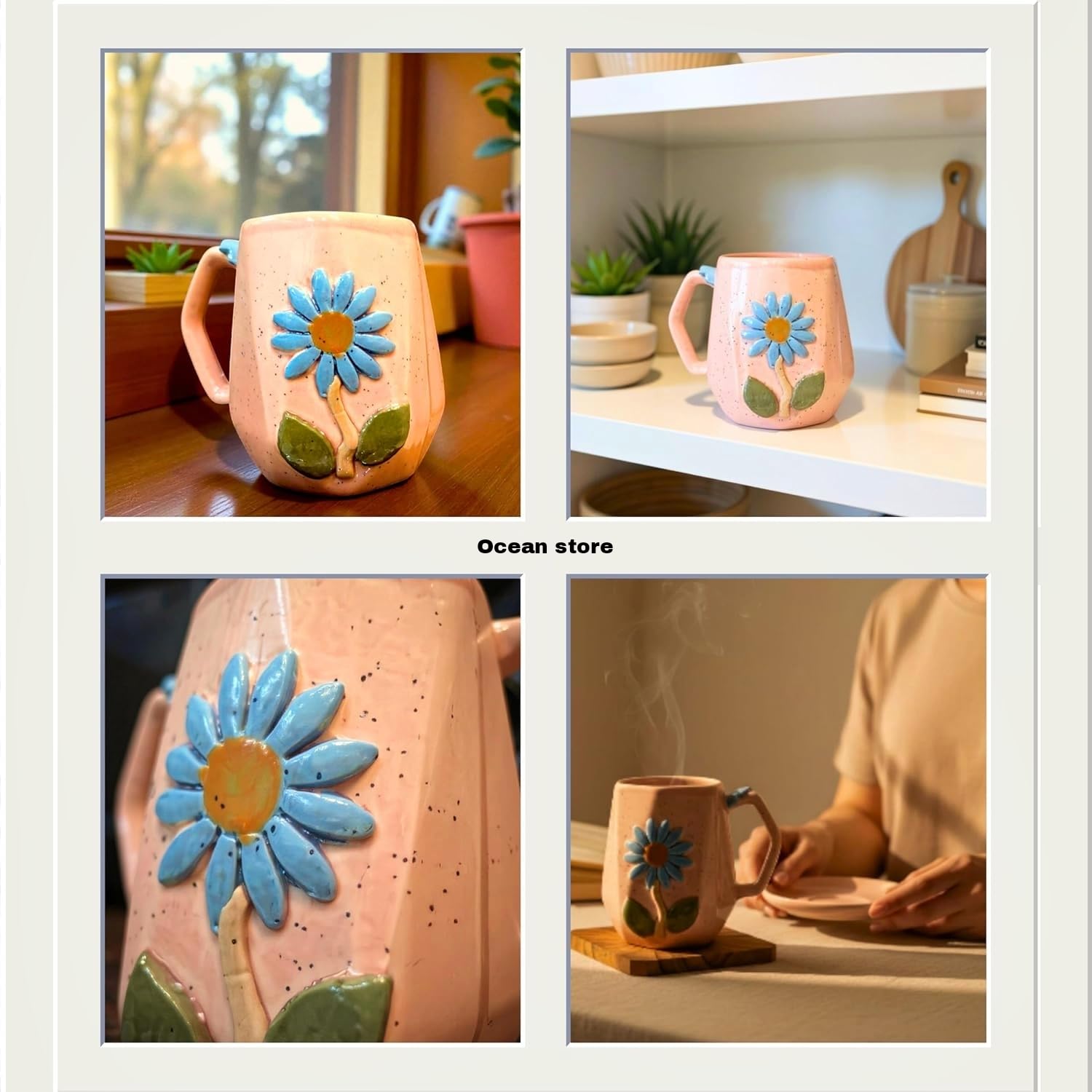 OCEAN STORE Ceramic Hexagonal Flower 240ml Coffee Mug – 3D Floral Design, Aesthetic Hand-Painted Tea Cup for Home & Office, Unique Gift for Women & Girls (Light Green)