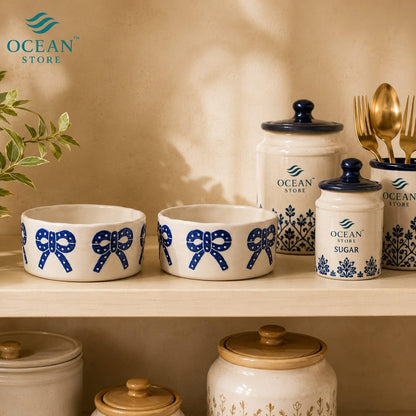 OCEAN STORE Ceramic Ribbon Bowl 250ml | Cute Hand-Painted Ribbon Bow Tie Snack and Serving Bowl | Microwave and Dishwasher Safe Ceramic Bowl (Blue Ribbon, Set of 1)
