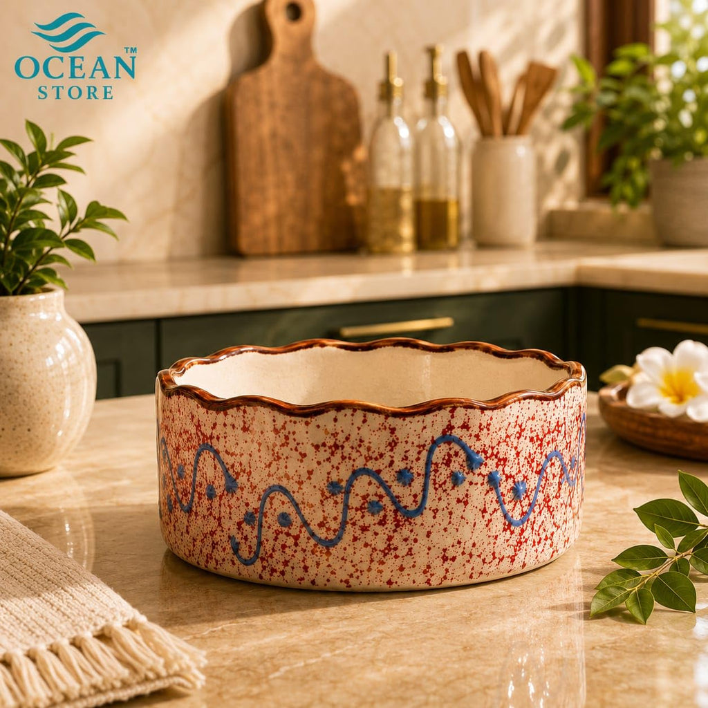 OCEAN STORE Ceramic Multipurpose Bowl 250ml - Hand-Painted Wavy Rim Serving Bowl for Ice Cream, Soup, Snacks, Fruits, Noodles - Microwave & Dishwasher Safe, Food Grade, Chip-Resistant (Single Piece)