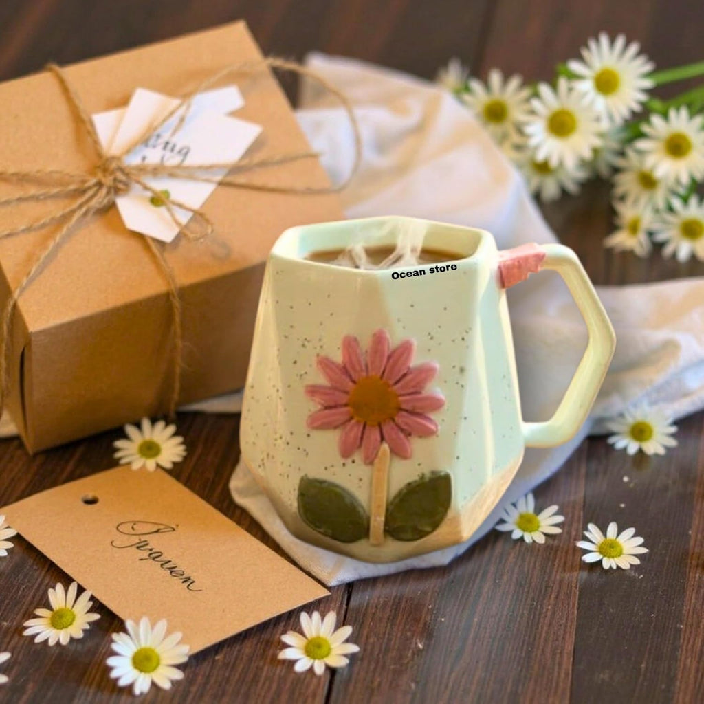 OCEAN STORE Ceramic Hexagonal Flower 240ml Coffee Mug – 3D Floral Design, Aesthetic Hand-Painted Tea Cup for Home & Office, Unique Gift for Women & Girls (Light Green)