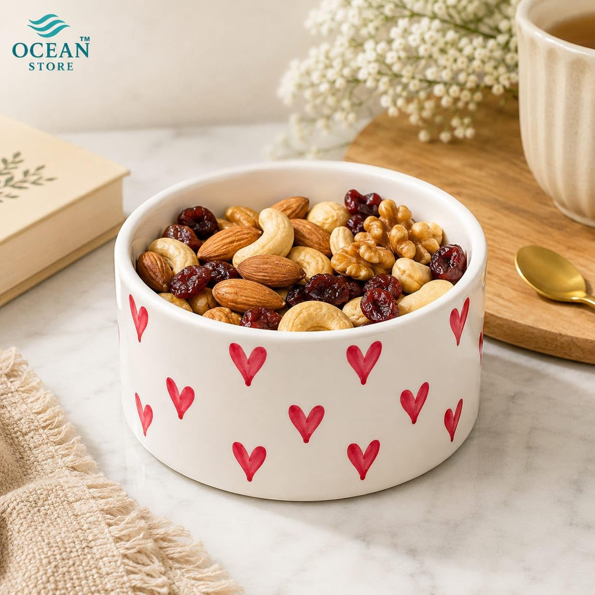 OCEAN STORE Ceramic Bowl with Hand-Painted Red Hearts, 250ml, Microwave & Dishwasher Safe, for Snacks, Fruits, Desserts (Set of 1)