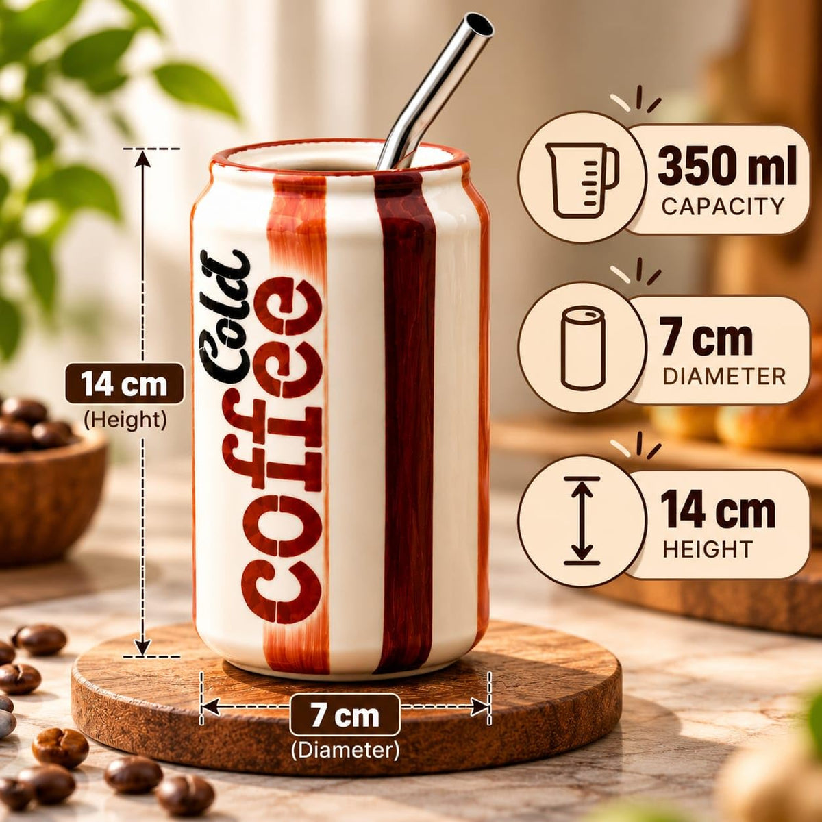 OCEAN STORE Ceramic Can Shaped Sipper with Reusable Metal Straw, 350 ml, Cold Coffee Print, Striped Tumbler for Iced Drinks, Cream and Brown