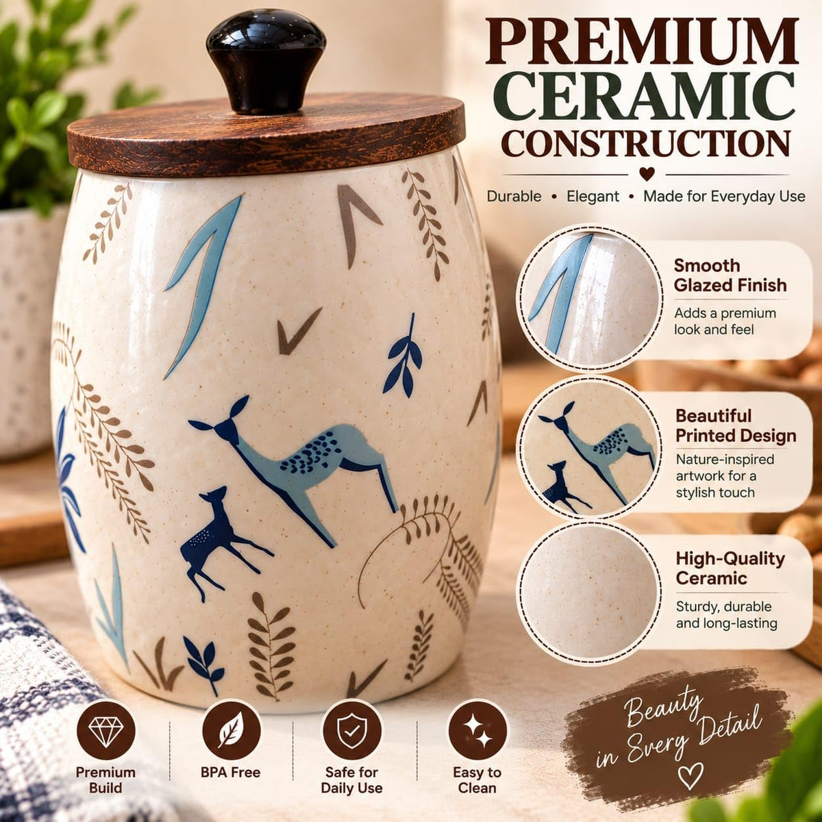 OCEAN STORE Ceramic Storage Jar with Wooden Lid, Deer and Nature Design, Kitchen Container for Tea, Coffee, Sugar and Spices, 1 Piece