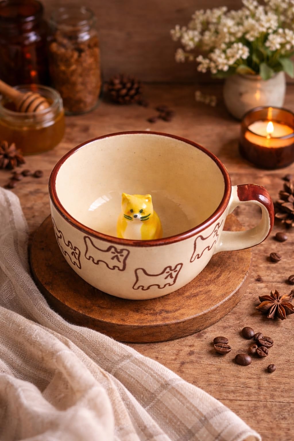 OCEAN STORE Large Cute Cat Surprise Ceramic Coffee Mug/Tea Cup - 3D Hidden Animal Figurine Inside | Microwave & Dishwasher Safe, Lead-Free | Perfect for Gifting (Cream/Brown) (1, 280ml Capacity)