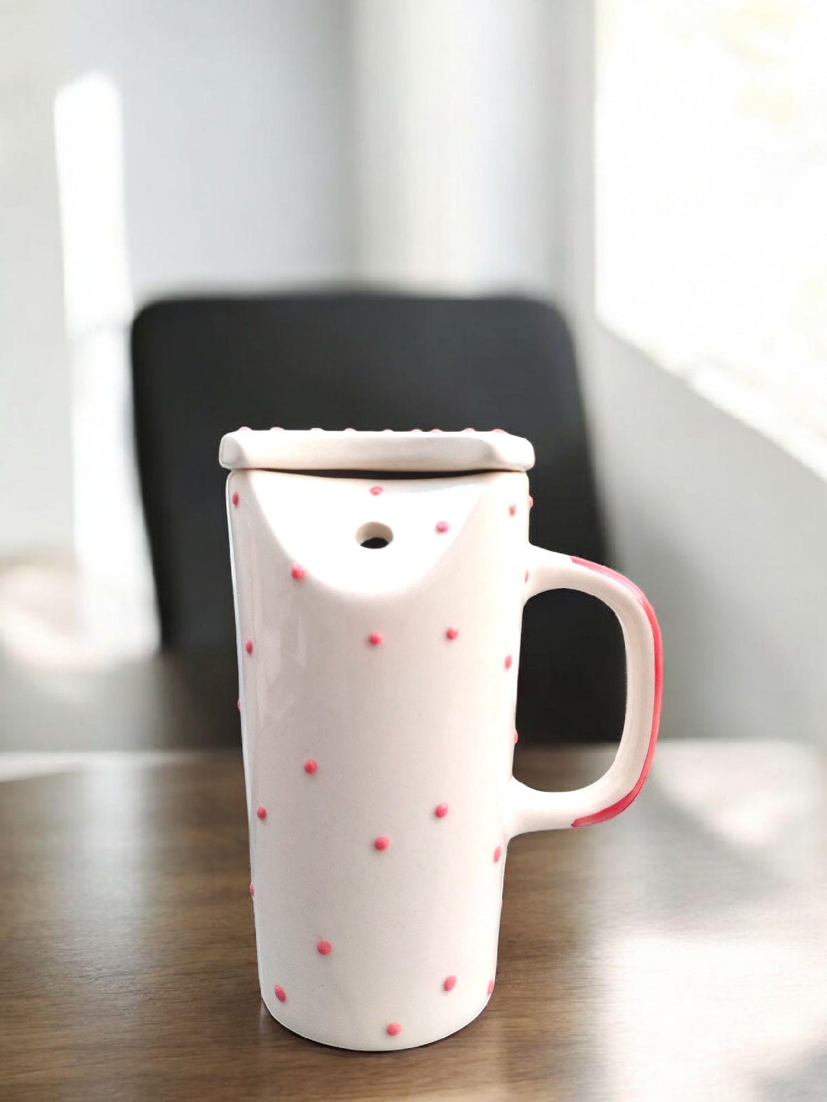 OCEAN STORE Ceramic Tumbler Coffee Mug with Lid & Stainless Steel Straw, White with Red Polka Dots, for Tea, Coffee & Milk (Pack of 1) (Pack of 1)