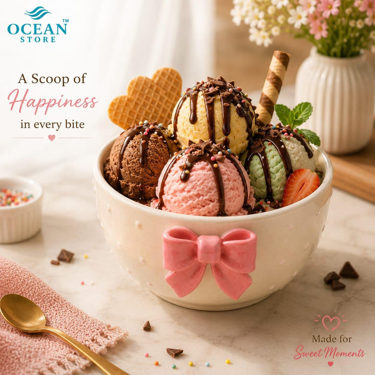 OCEAN STORE Cute Ceramic Bowl with Bow Accent, 250ml Hand-Painted Polka Dot Multipurpose Serving Bowl for Ice Cream, Soup, Snacks, and Noodles (Pink Bow, Set of 1)