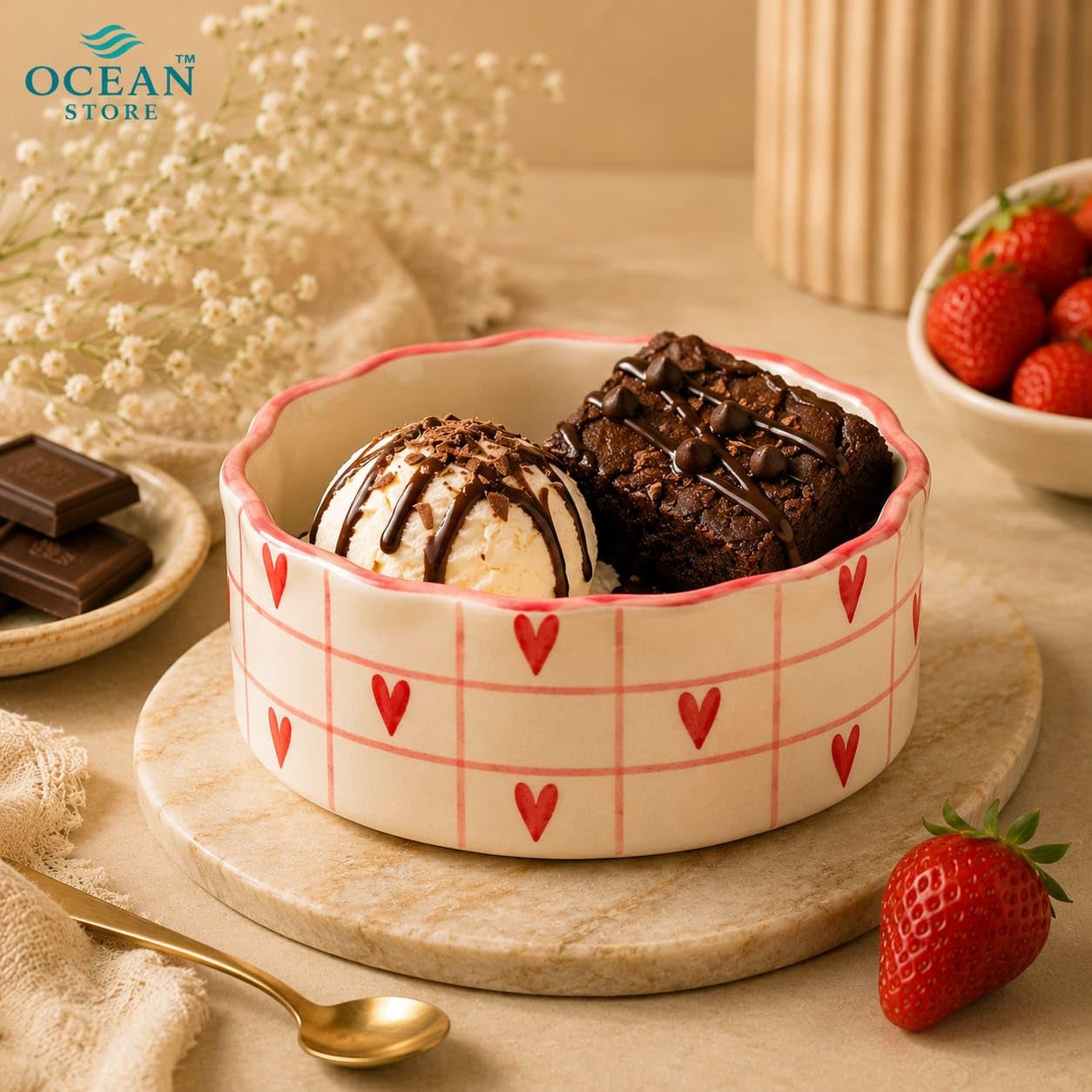 OCEAN STORE Ceramic Bowl with Red Heart Grid Pattern 250ml | Wavy Rim Cute Serving Bowl for Breakfast, Cereal, Salad, Fruits | Microwave & Oven Safe (Set of 2)