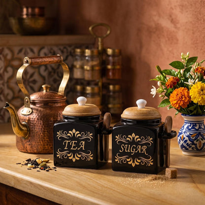 OCEAN STORE Ceramic Tea & Sugar Storage Jar Set with Wooden Lid & Spoon Holder, Black & Gold Kitchen Canister Set, Pack of 2