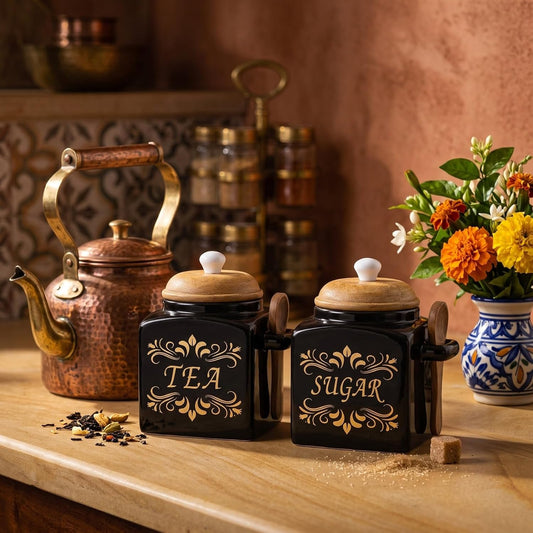 OCEAN STORE Ceramic Tea & Sugar Storage Jar Set with Wooden Lid & Spoon Holder, Black & Gold Kitchen Canister Set, Pack of 2