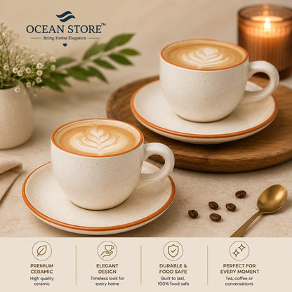OCEAN STORE Ceramic Natural White Dotted Tea Cup and Saucer | 75 ML Capacity | Durable Stoneware for Espresso, Tea, and Herbal Infusions | Microwave & Dishwasher Safe, Antique Style (2)