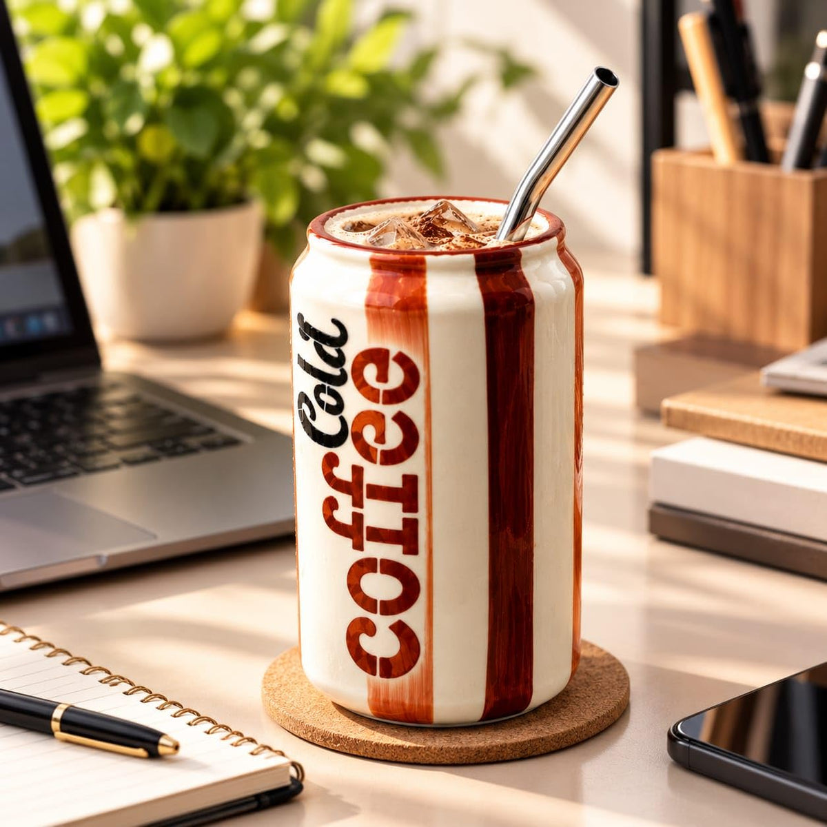 OCEAN STORE Ceramic Can Shaped Sipper with Reusable Metal Straw, 350 ml, Cold Coffee Print, Striped Tumbler for Iced Drinks, Cream and Brown