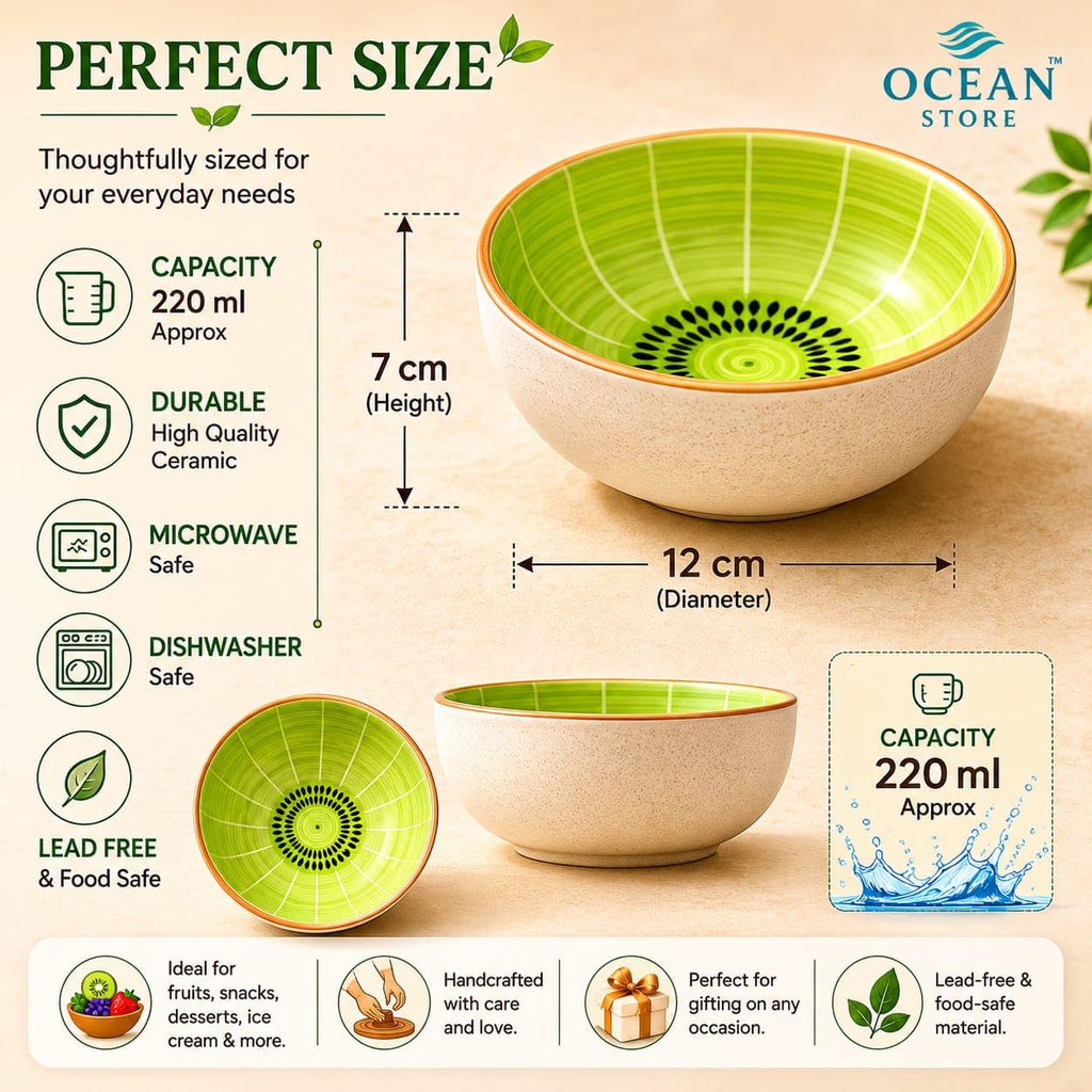 OCEAN STORE Handcrafted Kiwi Ceramic Serving Bowl, 220ml, Microwave and Dishwasher Safe, Lead-Free, for Snacks, Fruits, Ice Cream, and Salad (Set of 1)
