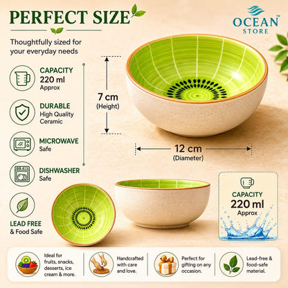 OCEAN STORE Handcrafted Kiwi Ceramic Serving Bowl, 220ml, Microwave and Dishwasher Safe, Lead-Free, for Snacks, Fruits, Ice Cream, and Salad (Set of 1)