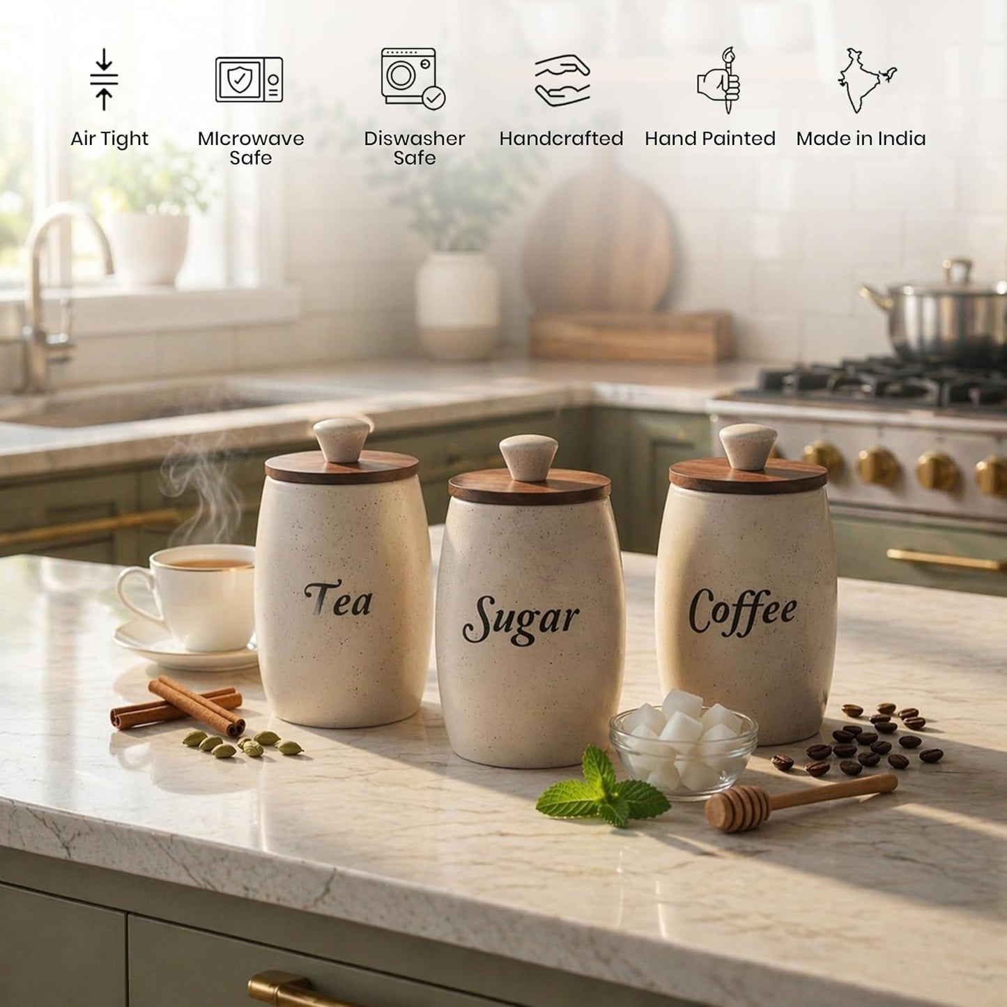 OCEAN STORE Ceramic Tea Coffee Sugar Container Set of 3, Cream, Airtight Wooden Lids, Handcrafted, 400ml Each, Microwave and Dishwasher Safe