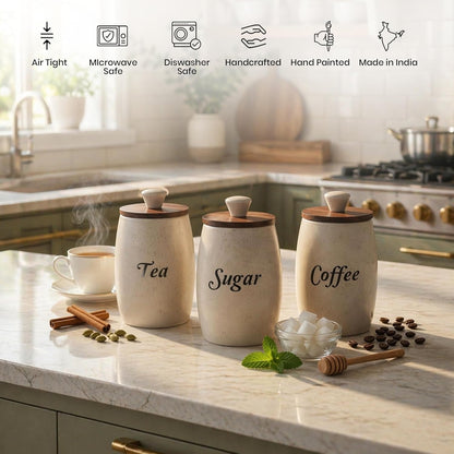 OCEAN STORE Ceramic Tea Coffee Sugar Container Set of 3, Cream, Airtight Wooden Lids, Handcrafted, 400ml Each, Microwave and Dishwasher Safe
