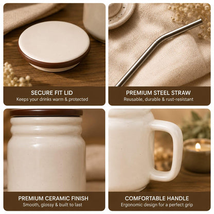 OCEAN STORE Ceramic Matte Mug with Secure Fit Lid & Stainless Steel Straw | 300 ml Jar Mug for Coffee, Tea & Cold Drinks | Microwave & Dishwasher Safe (Set of 1)