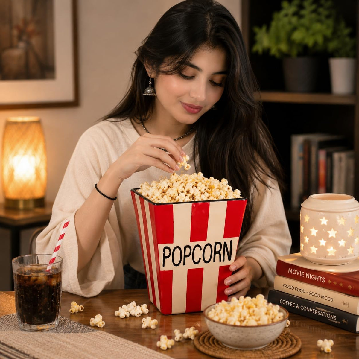 Ocean Store Classic Cinema Popcorn Bucket, Hand-Painted Ceramic Snack Bowl, Red & White Striped Movie Night Serving Basket, 5.5 x 7 Inch