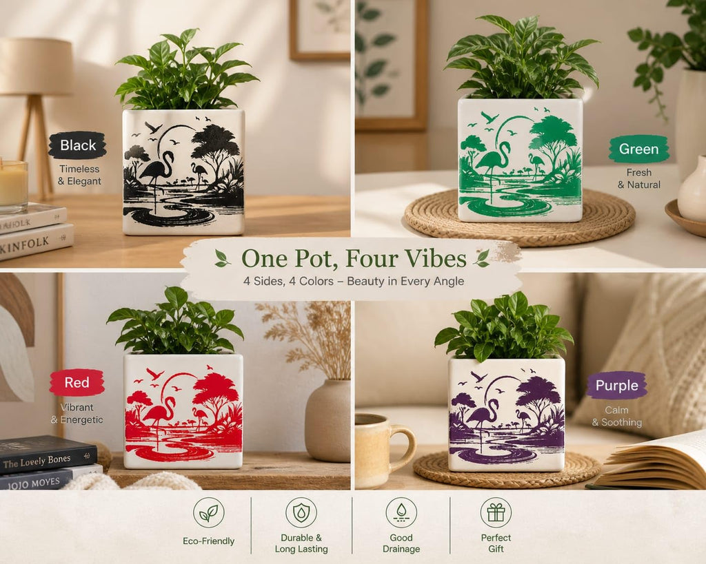 OCEAN STORE Ceramic Square Flower Pot - 10cm Flamingo Design Planter with Drainage Hole for Succulents, Herbs, Indoor Home & Office Decor