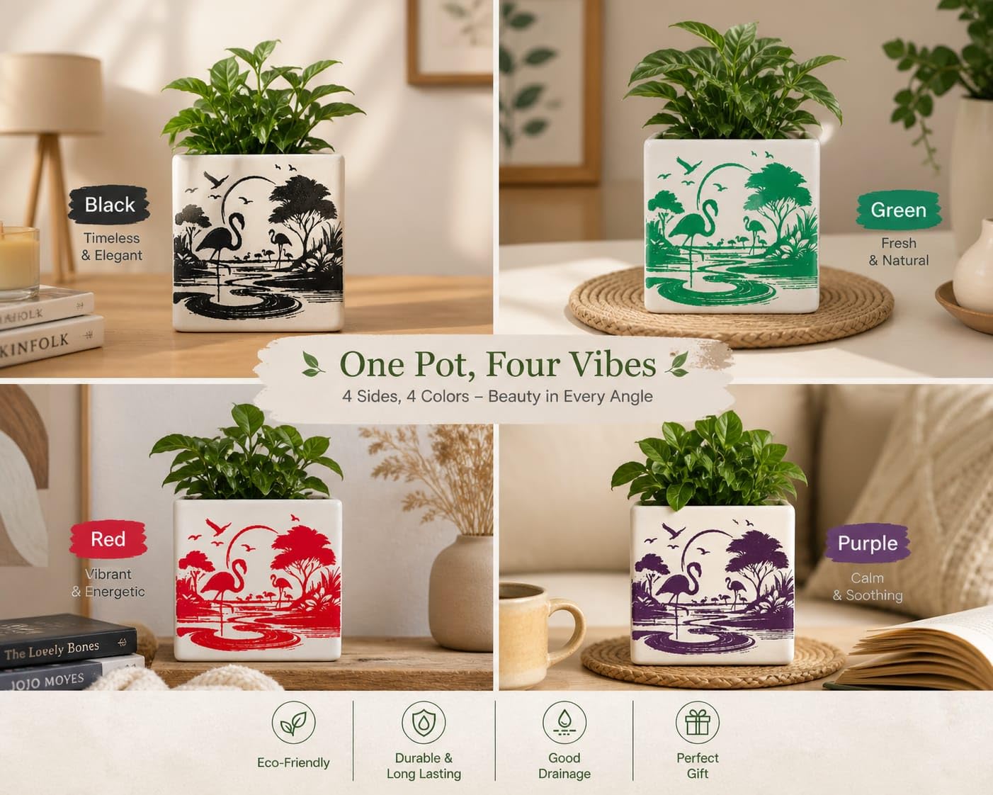 OCEAN STORE Ceramic Square Flower Pot - 10cm Flamingo Design Planter with Drainage Hole for Succulents, Herbs, Indoor Home & Office Decor