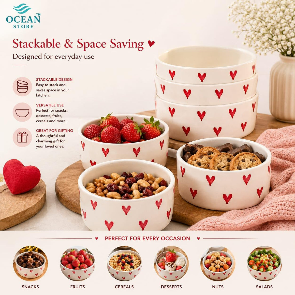 OCEAN STORE Ceramic Bowl with Hand-Painted Red Hearts, 250ml, Microwave & Dishwasher Safe, for Snacks, Fruits, Desserts (Set of 1)