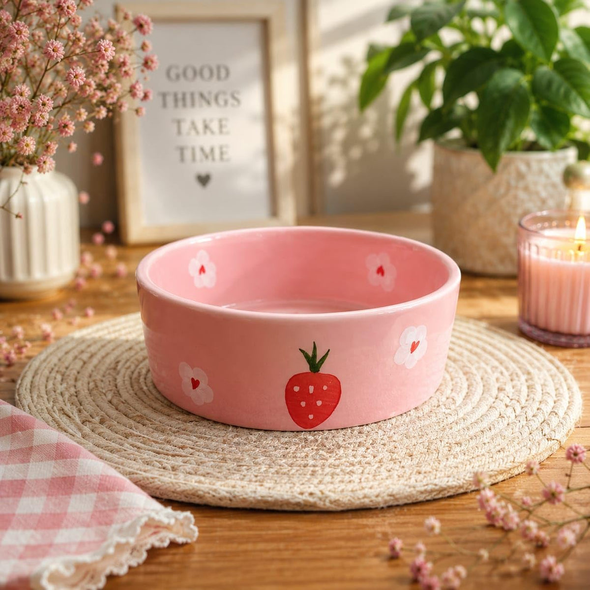 Ocean Store Pink Strawberry Ceramic Bowl, 250ml | Hand-Painted