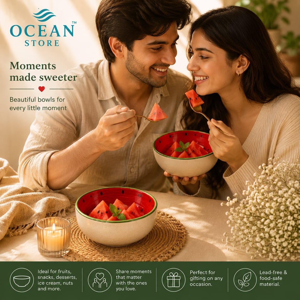 OCEAN STORE Handcrafted Watermelon Ceramic Fruit Bowl, 220ml | Premium Lead-Free Microwave & Dishwasher Safe, Dessert & Ice Cream Serving Bowl (Set of 1)
