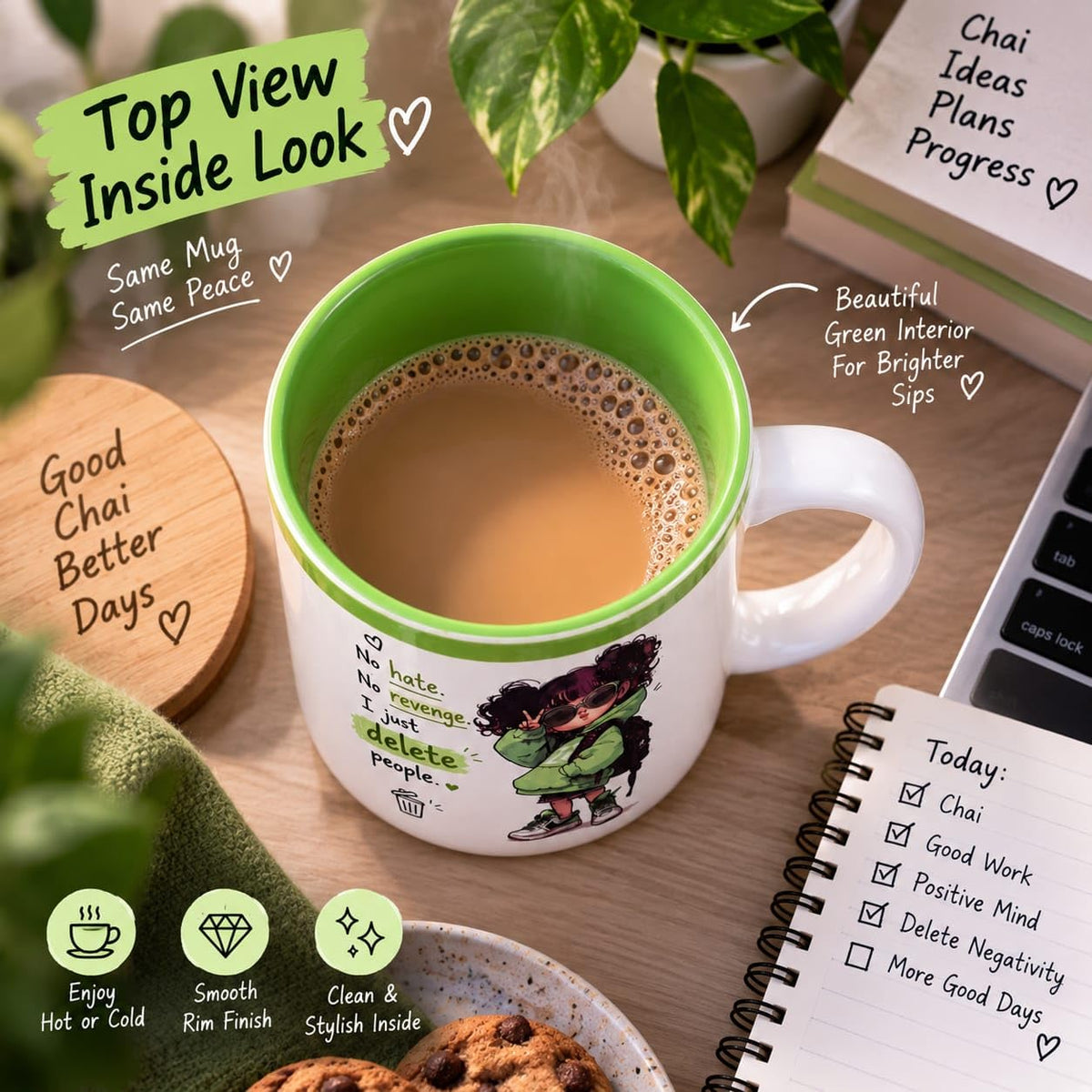 OCEAN STORE Printed Ceramic Coffee Mug with Funny and Motivational Quote, 350ml, Set of 1, Delete People Quote – Green