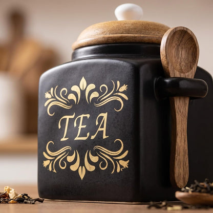 OCEAN STORE Ceramic Tea & Sugar Storage Jar Set with Wooden Lid & Spoon Holder, Black & Gold Kitchen Canister Set, Pack of 2
