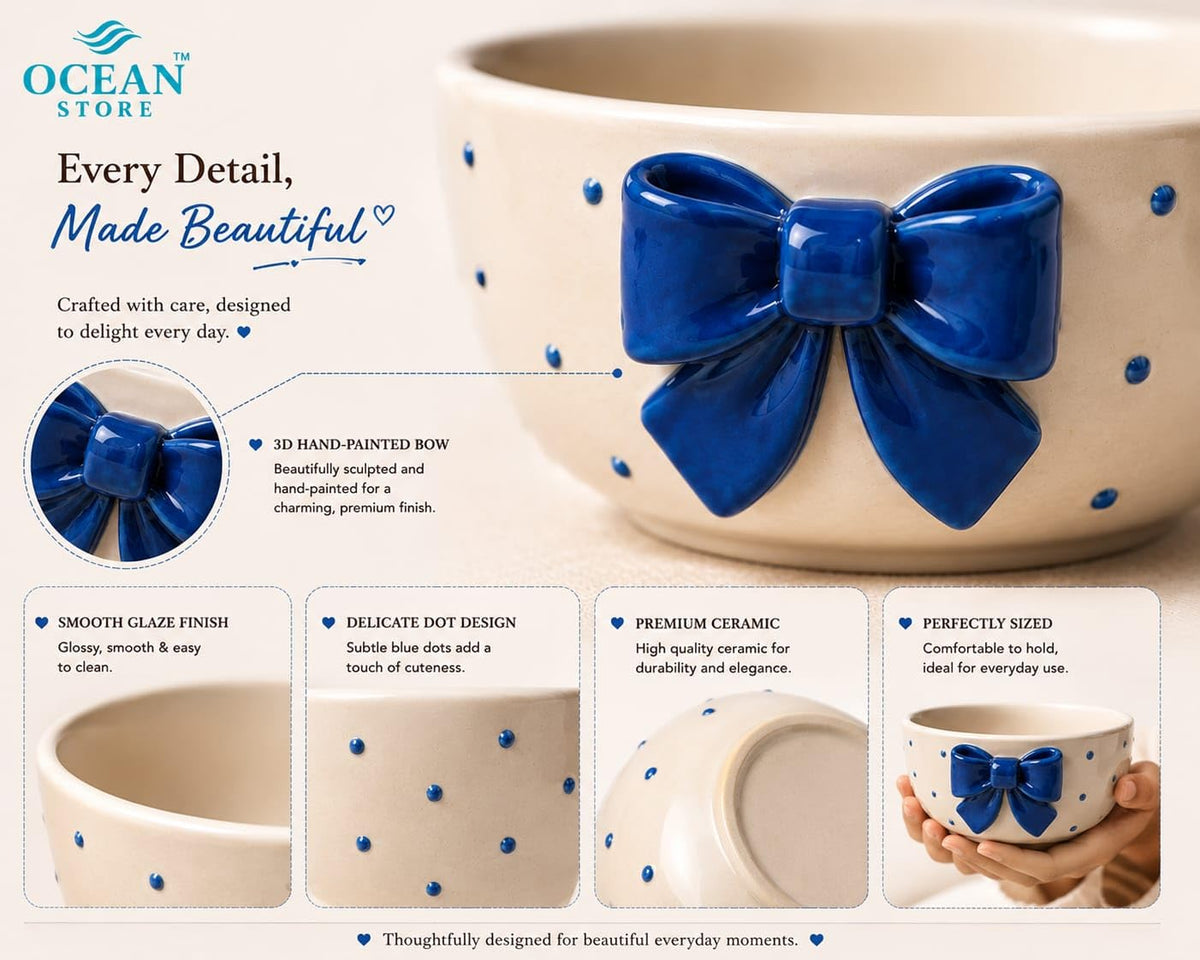 OCEAN STORE Cute Ceramic Bowl with Bow Accent, 250ml Hand-Painted Polka Dot Multipurpose Serving Bowl for Ice Cream, Soup, Snacks, and Noodles (Pink Bow, Set of 1)