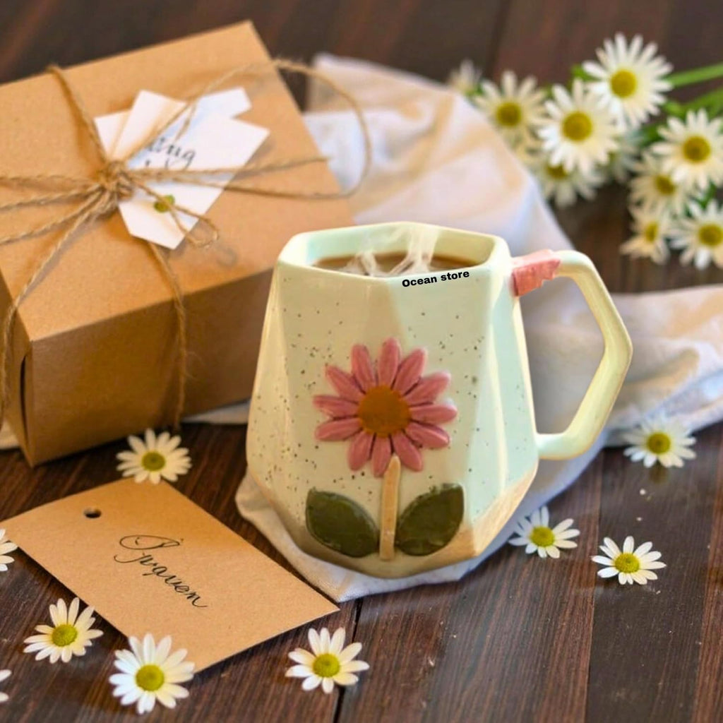 OCEAN STORE Ceramic Hexagonal Flower 240ml Coffee Mug – 3D Floral Design, Aesthetic Hand-Painted Tea Cup for Home & Office, Unique Gift for Women & Girls (Light Green)