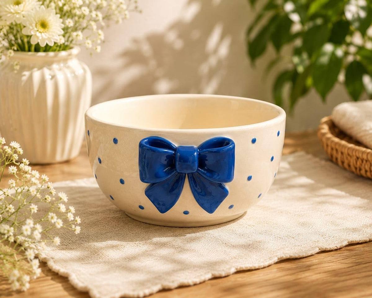 OCEAN STORE Cute Ceramic Bowl with Bow Accent, 250ml Hand-Painted Polka Dot Multipurpose Serving Bowl for Ice Cream, Soup, Snacks, and Noodles (Pink Bow, Set of 1)