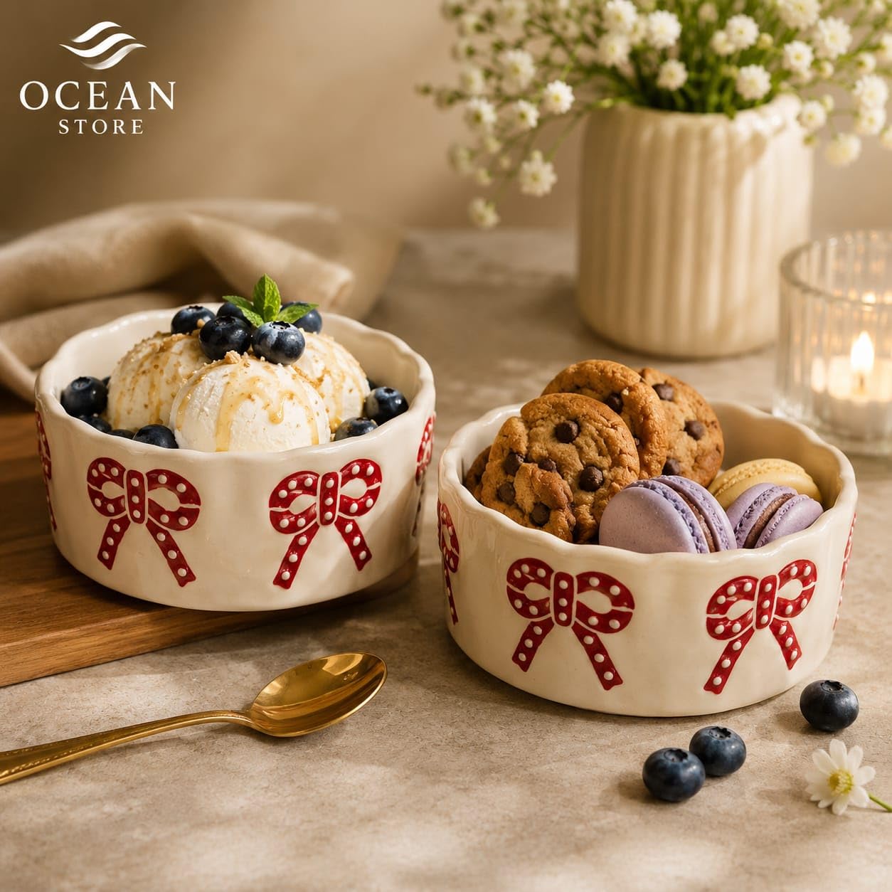 OCEAN STORE Ceramic Ribbon Bowl 250ml | Cute Hand-Painted Ribbon Bow Tie Snack and Serving Bowl | Microwave and Dishwasher Safe Ceramic Bowl (Blue Ribbon, Set of 1)