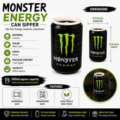 OCEAN STORE Black Energy Drink Can Style Ceramic Sipper, 500ml Hand-Painted Glossy Mug, Microwave & Dishwasher Safe, Lead-Free, Gift for Drink Lovers
