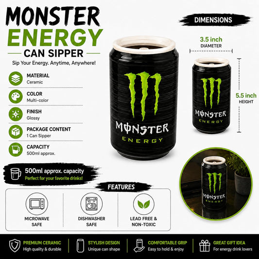OCEAN STORE Black Energy Drink Can Style Ceramic Sipper, 500ml Hand-Painted Glossy Mug, Microwave & Dishwasher Safe, Lead-Free, Gift for Drink Lovers