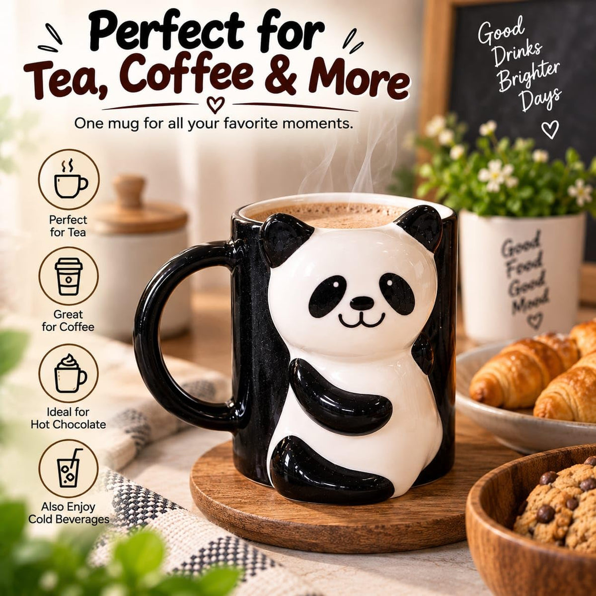 OCEAN STORE Panda Ceramic Coffee Mug, Black and White 3D Animal Design with Handle, Cup for Tea, Coffee and Hot Chocolate, 1 Piece