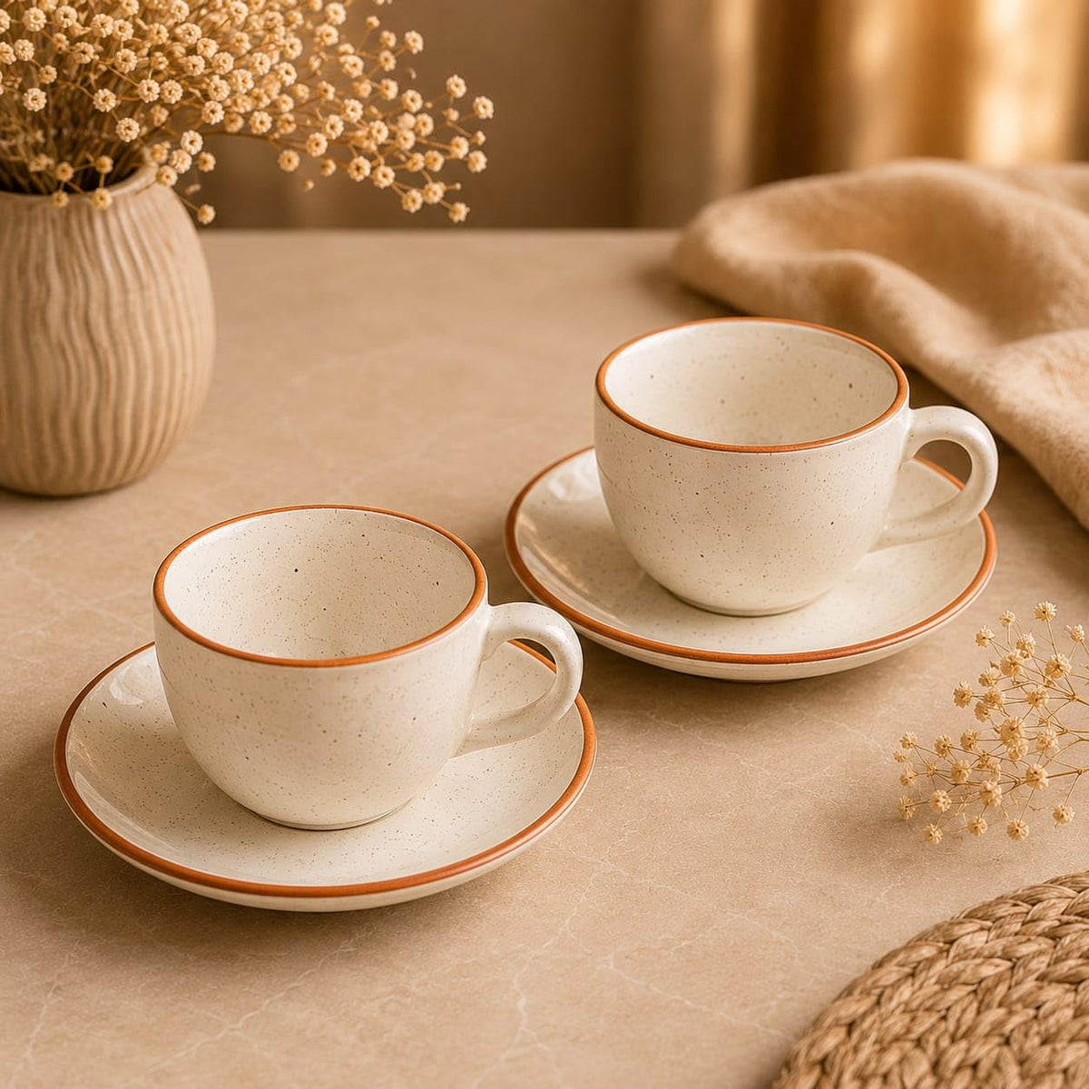 OCEAN STORE Ceramic Natural White Dotted Tea Cup and Saucer | 75 ML Capacity | Durable Stoneware for Espresso, Tea, and Herbal Infusions | Microwave & Dishwasher Safe, Antique Style (2)