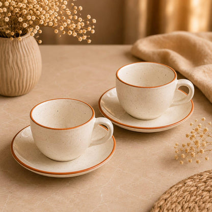 OCEAN STORE Ceramic Natural White Dotted Tea Cup and Saucer | 75 ML Capacity | Durable Stoneware for Espresso, Tea, and Herbal Infusions | Microwave & Dishwasher Safe, Antique Style (2)
