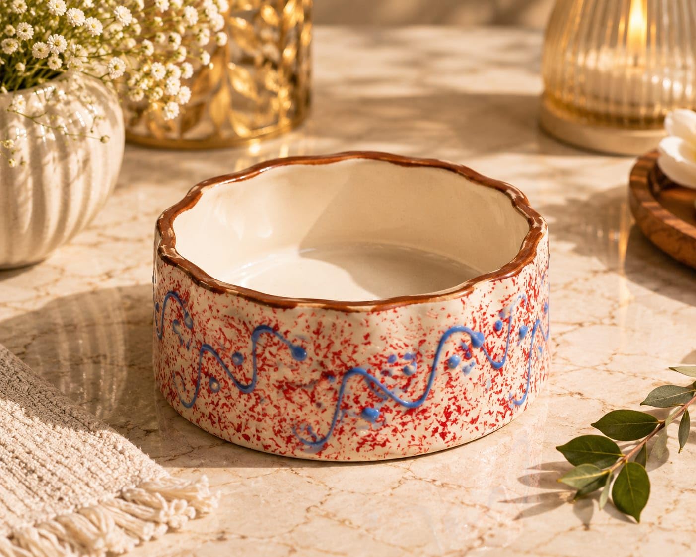 OCEAN STORE Ceramic Multipurpose Bowl 250ml - Hand-Painted Wavy Rim Serving Bowl for Ice Cream, Soup, Snacks, Fruits, Noodles - Microwave & Dishwasher Safe, Food Grade, Chip-Resistant (Single Piece)