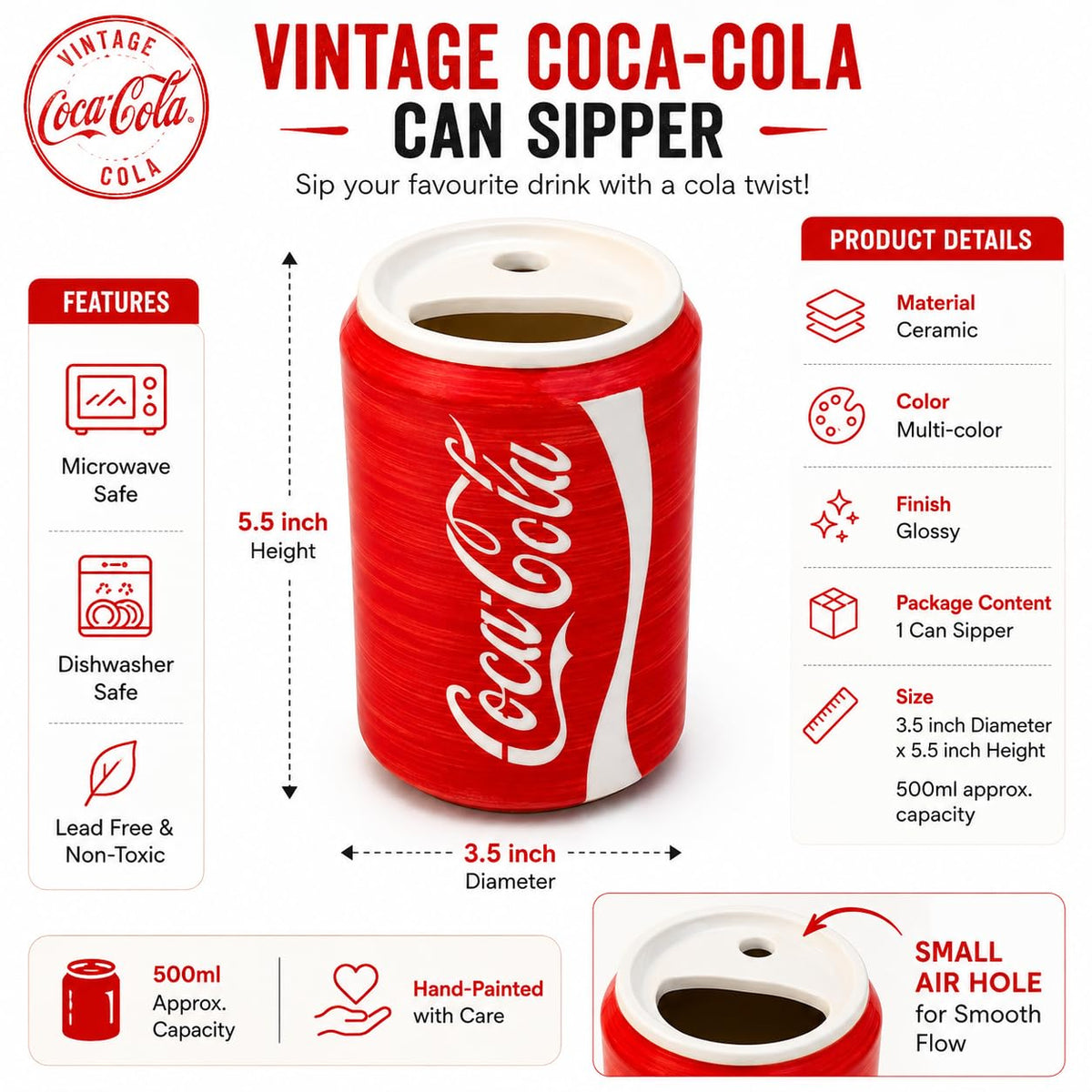 OCEAN STORE Vintage Cola Can Sipper, Hand-Painted Ceramic Beverage Cup, 500 ml, Glossy Can-Shaped Mug