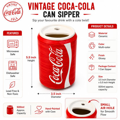OCEAN STORE Vintage Cola Can Sipper, Hand-Painted Ceramic Beverage Cup, 500 ml, Glossy Can-Shaped Mug