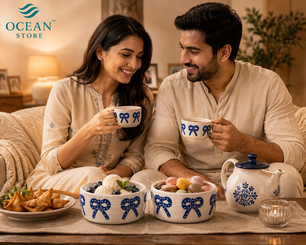 OCEAN STORE Ceramic Ribbon Bowl 250ml | Cute Hand-Painted Ribbon Bow Tie Snack and Serving Bowl | Microwave and Dishwasher Safe Ceramic Bowl (Blue Ribbon, Set of 1)