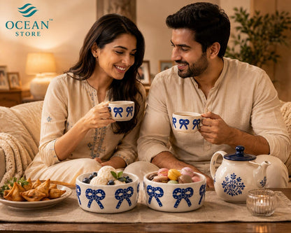 OCEAN STORE Ceramic Ribbon Bowl 250ml | Cute Hand-Painted Ribbon Bow Tie Snack and Serving Bowl | Microwave and Dishwasher Safe Ceramic Bowl (Blue Ribbon, Set of 1)